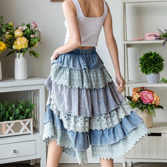 097 Oli & Hali Washed Mix Media Tiered Wide Leg Cropped Pants NEW Size Small - Picture 10 of 11